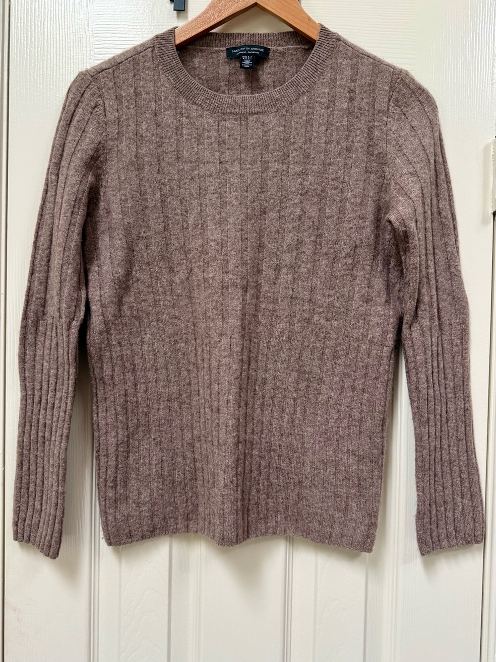 Saks Fifth Avenue Private Label 100% Cashmere Ribbed Crewneck Sweater Taupe Med